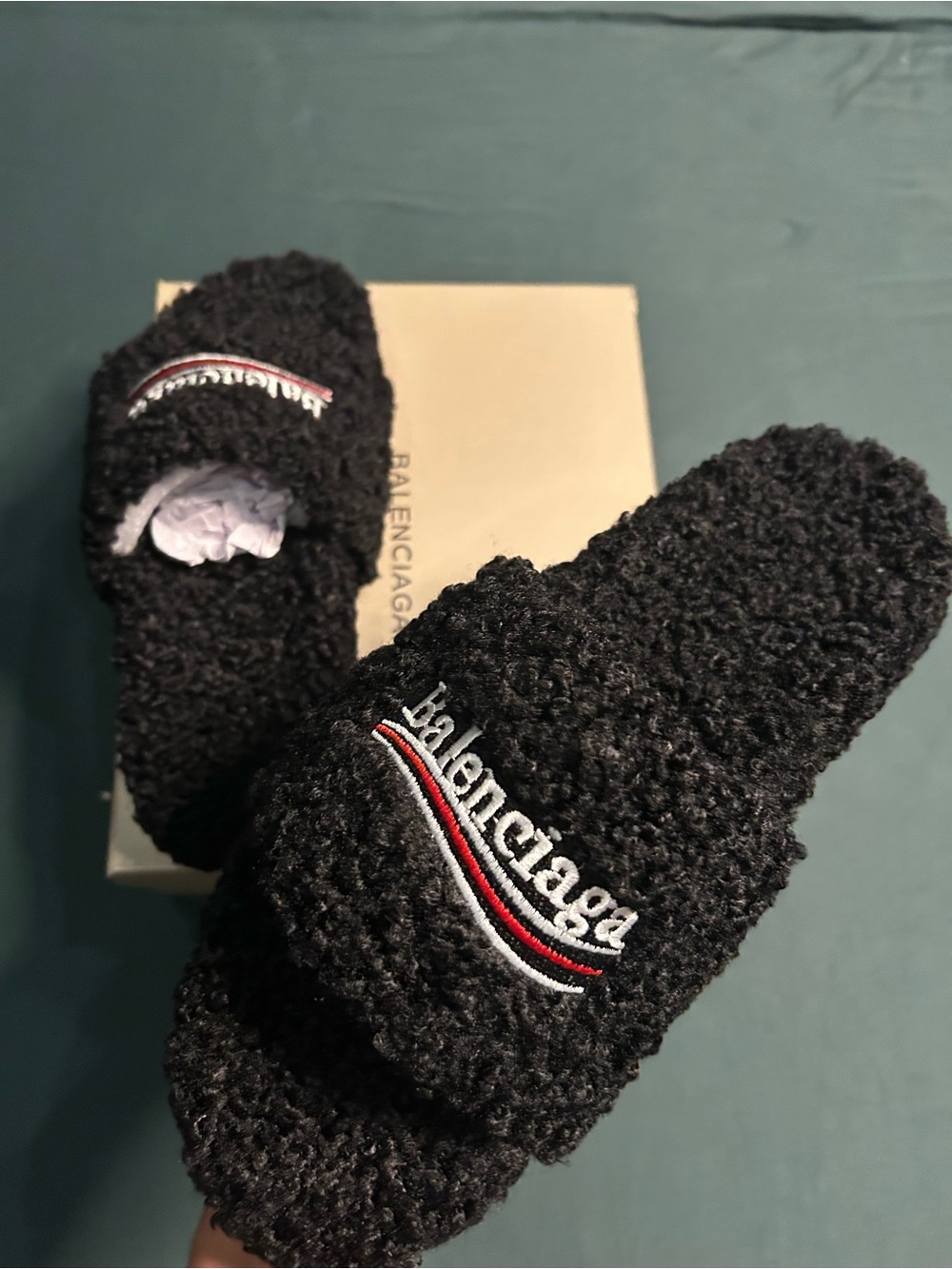 Balenciaga Black Shearling Slide Sandals with Signature Stripe - Picture 3 of 3